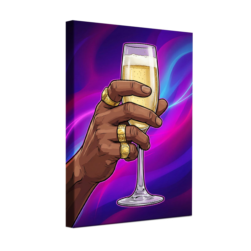 Abstrait main tenant un verre de champagne avec des anneaux, H 30 po x l 20 po