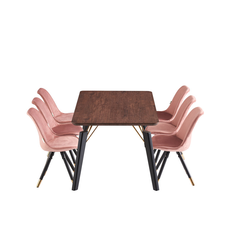 Guillermina 6 Person Dining set - a Rectangular Wooden Dining Table with Metal Legs and a Set of 6 Quilted Velvet Dining Chairs for Dining Room - Modern Dining Table Set