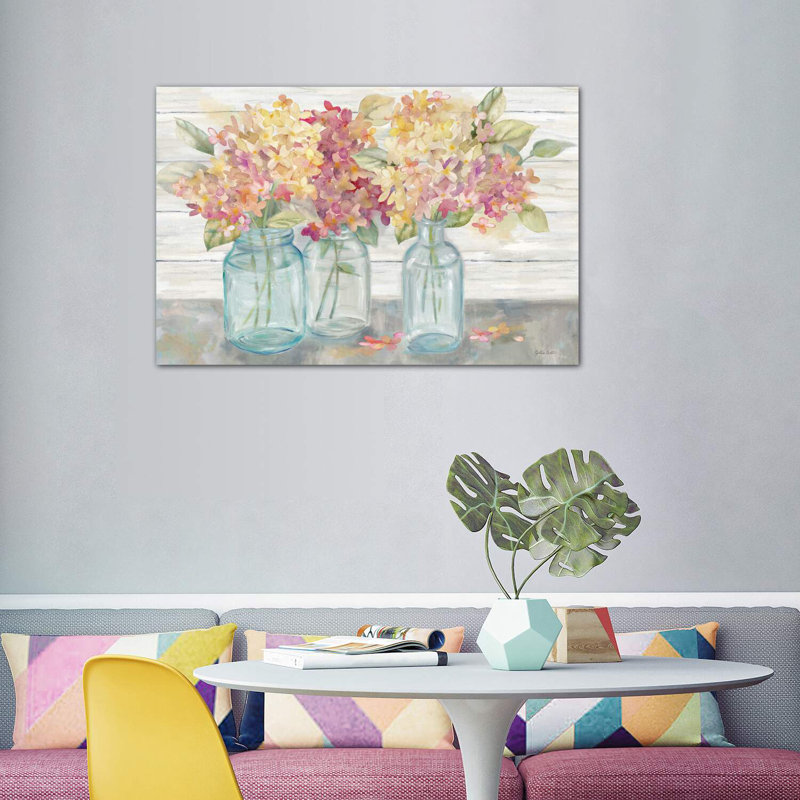 «Farmhouse Hydrangeas in Mason Jars Spice» - reproduction, H 26 po x l 40 po x 1,5 po, Toile tendue