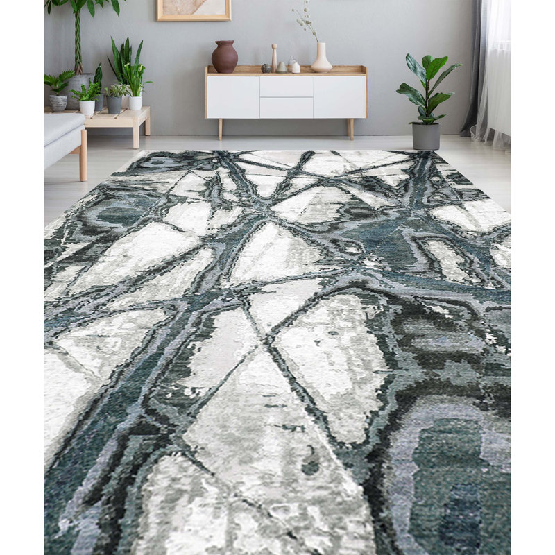 Tapis ivoire et vert noué à la main de haute qualité, Rectangle 8 pi 9 po x 11 pi 9 po