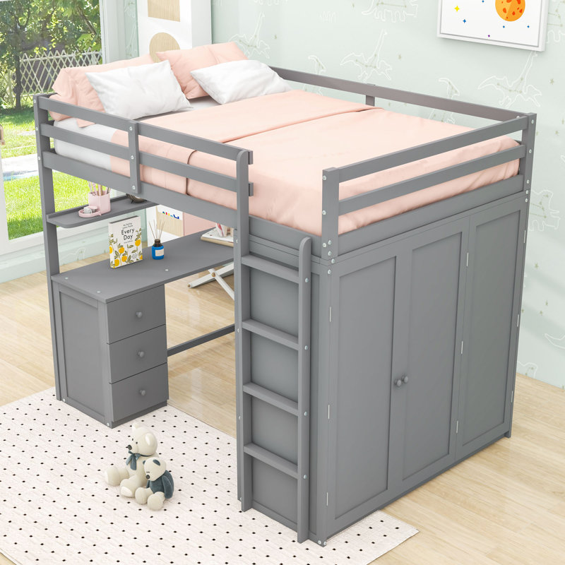 Loft Bed With Desk, Drawers, And Wardrobe, Gray, Full