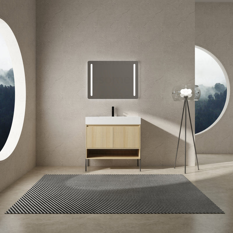 Ensemble de meuble-lavabo 36 po avec lavabo simple en résine, ensemble d'armoires de rangement modernes 2 portes, bois massif multicouche, chêne