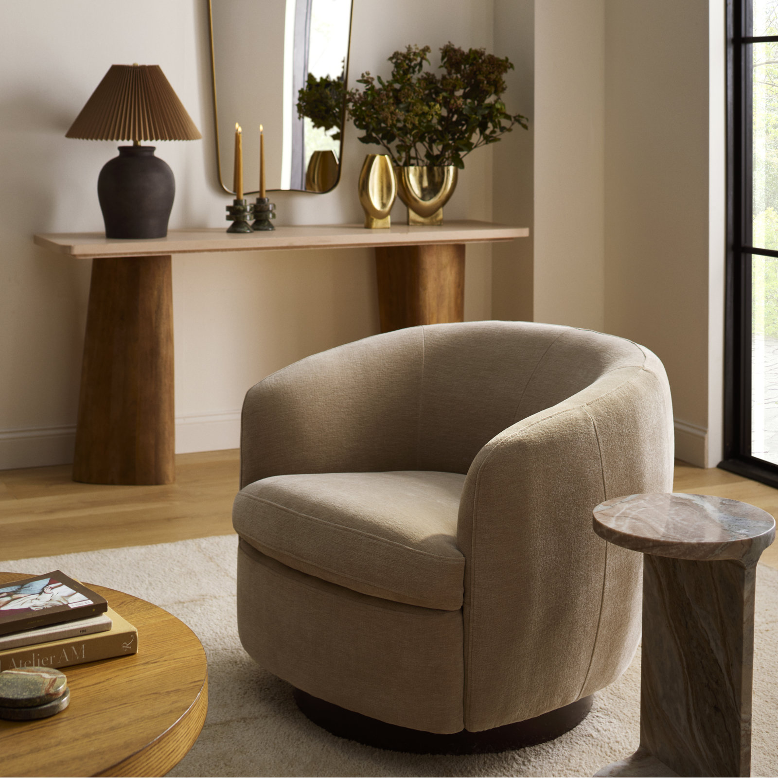 Marcy Swivel Barrel Chair, Capri Wicker Chenille