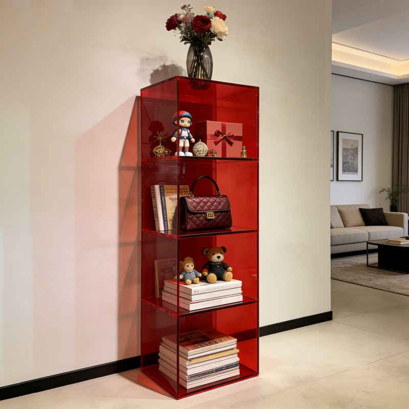 Red Acrylic Display Shelving Unit, (4 Shelves) 47.24"H x 15.75"W x 11.81"D