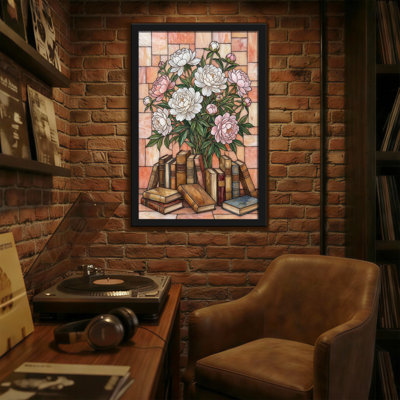 Plantes et fleurs, pivoines, livres, brique, fond d'art mural
