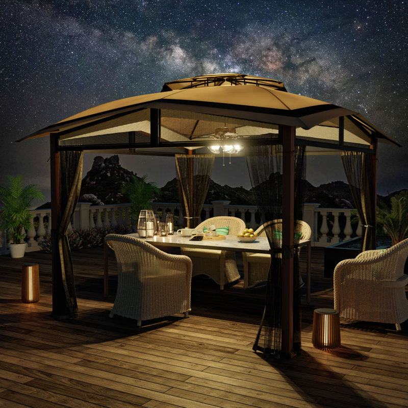 11 Ft. X 11 Ft. Octagon Gazebo With 2-tier Beige Canopy Roof, Steel Frame Soft Top Gazebo With Ceiling Hook And Mosquito Netting