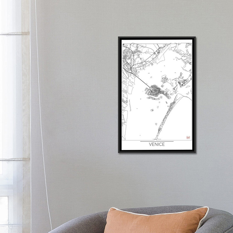 « venice minimal urban blueprint map », impression sur toile, H 26 po x l 18 po x P 1,5 po, Toile avec cadre noir