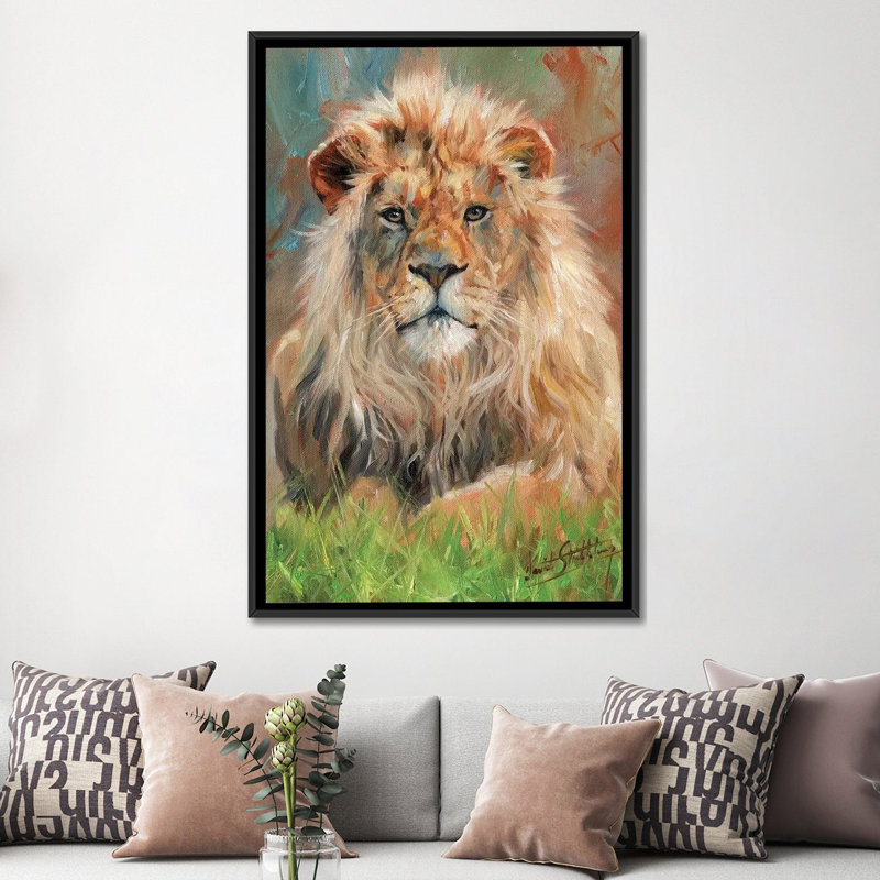 " Lion Front " by David Stribbling, 26" H x 18" W x 1.5" D, Black Framed Canvas, No Mat