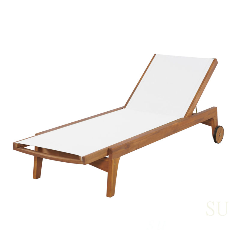 Outdoor Chaise Lounge With Mesh Seating And Acacia Wood Frame For Patio And Backyard Relaxation, White