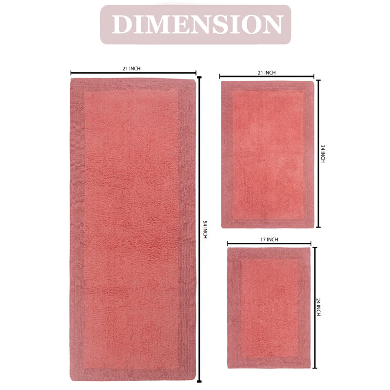 Bruss Luxury 100% Cotton Reversible Bath Rug (Set of 3), Coral