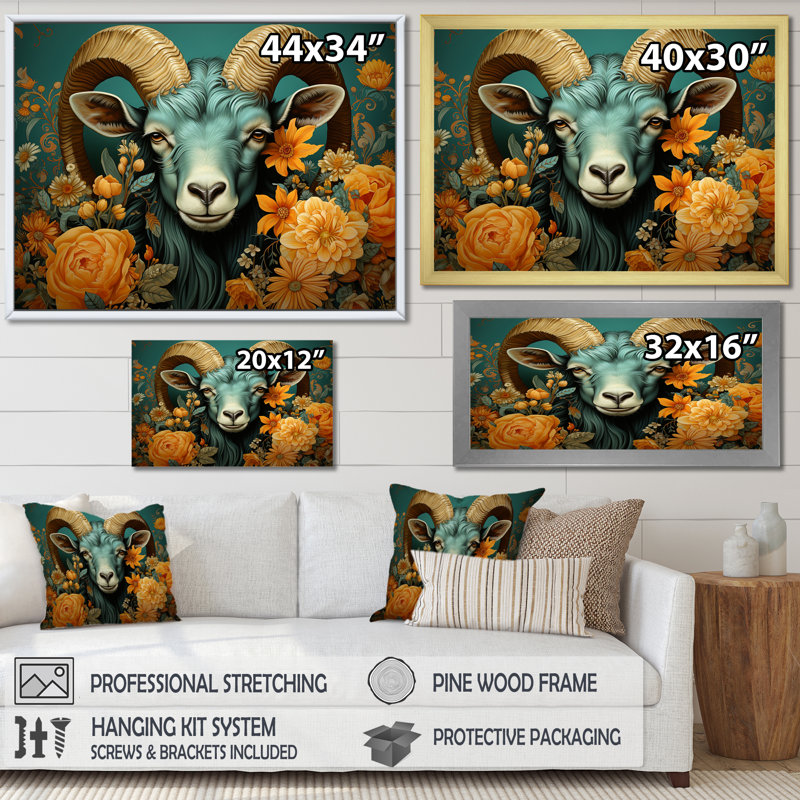 Bleu et orange, chèvre moderne, art mural, Cadre de coin fermé argenté, H 24 po x l 32 po x P 1 po