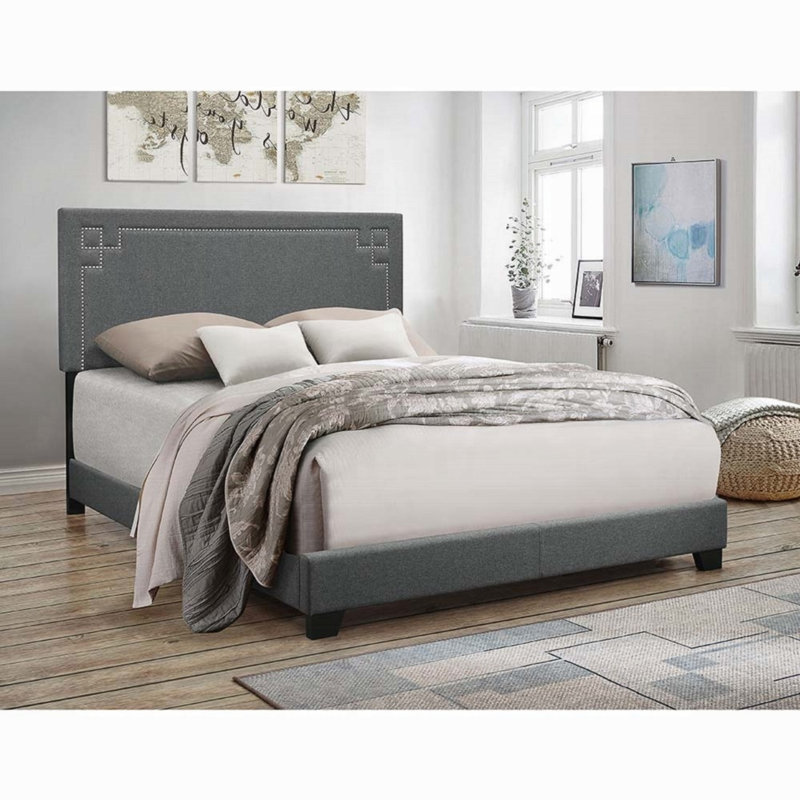 Dasjia Nailhead Trim Upholstered Bed in Gray, King