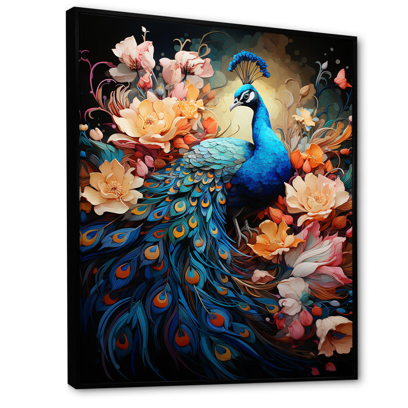 «Majestic Flowerful Peacocks Harmony I» sur toile, Cadre flottant noir, H 32 po x l 16 po x P 1 po
