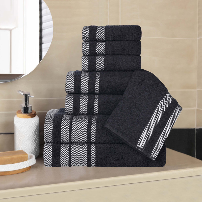 Geona Cotton Solid Dobby Border Plush Soft Absorbent Assorted 8 Piece Bathroom Towel Set, Black