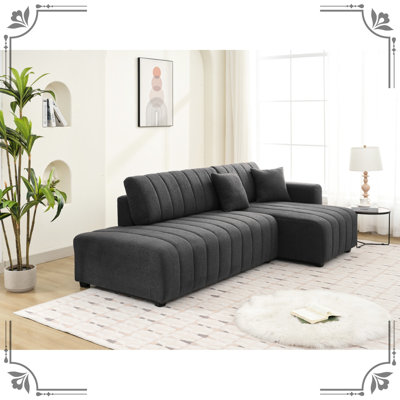 Fauteuil de coin en forme de L d'inspiration scandinave à 3 places, laine gris foncé, rembourrage en mousse, conception réversible, capitonnage, silhouette minimaliste, rembourrage en tissu doux, bouton haute densité
