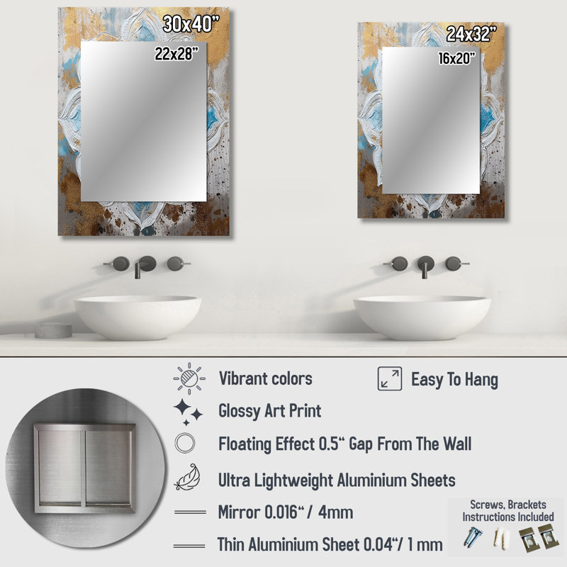 Bleu et or Mandala I - miroir mandala boho, miroir mural décoratif traditionnel, impression d'art en métal, 32 po x 24 po