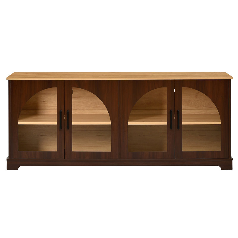 Farmhouse TV Stand With Semi-Arched Glass Doors For Tvs Up To 70", Elegant Two-Tone Media Console With Adjustable Shelves, Wood Grain Sideboard With Cable Management