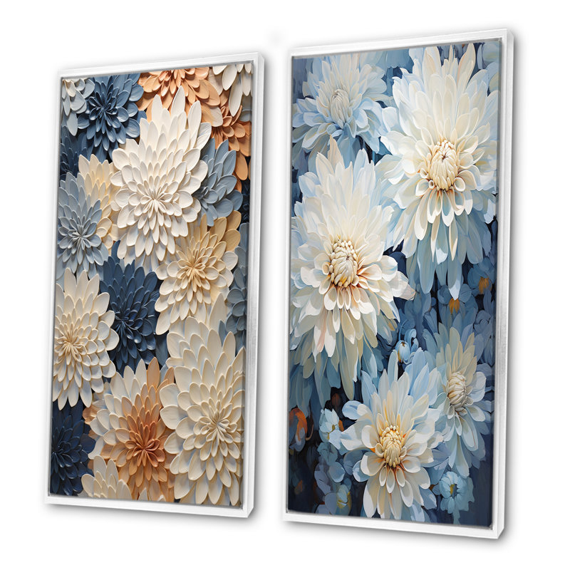 «Garden Bliss Mums» en blanc et bleu - ensemble de 2 reproductions d'art sur toile, Cadre blanc, H 40 po x l 41 po