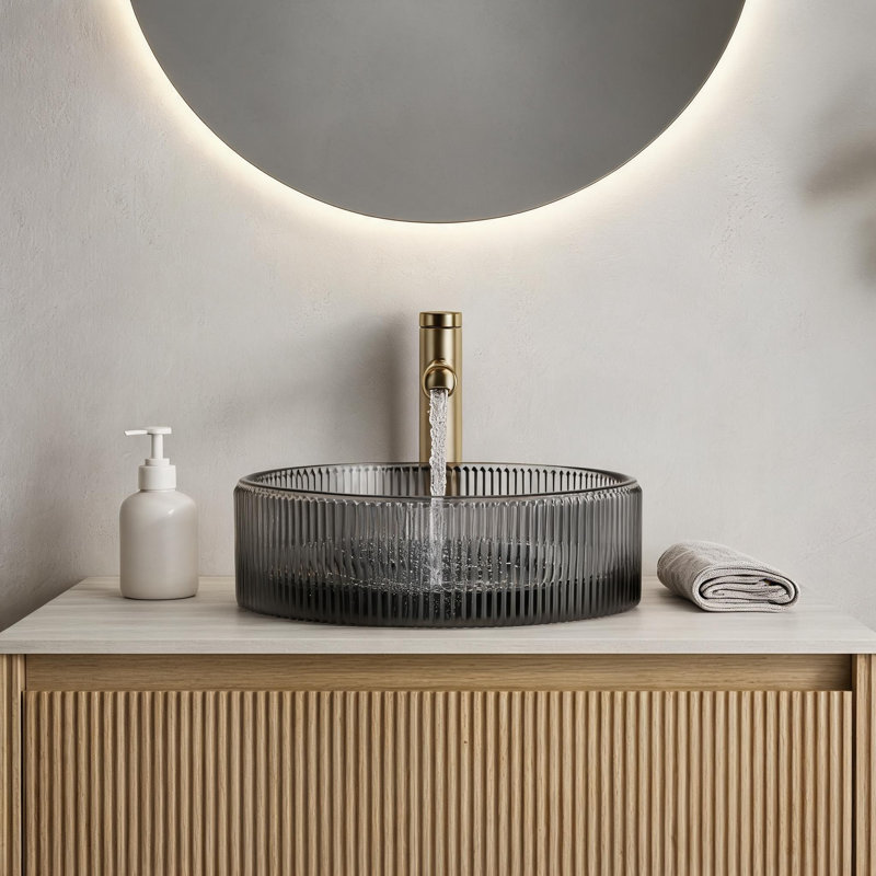 Vasque de salle de bain ronde en verre cristal noir transparent de 14 pouces avec rayures artistiques