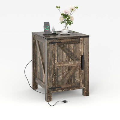 Rustic Farmhouse Bedside Table with USB Charging Station, 18'' Wide Wood Bedside Table, Sliding Barn Door, Adjustable Two-Tier Shelf, Bedroom or Living Room