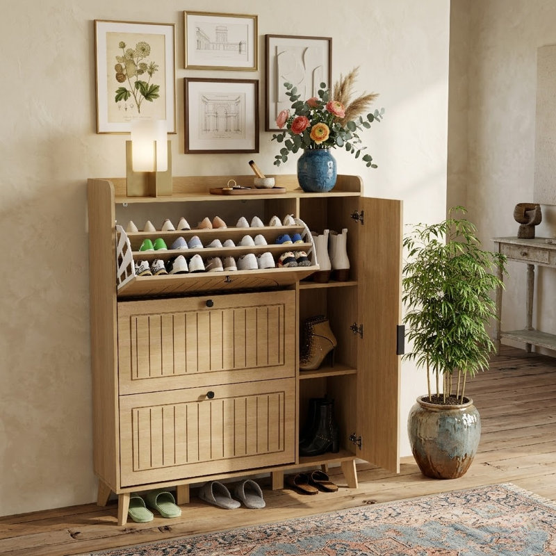 Armoire de rangement pour chaussures à 9 niveaux avec miroir et 3 tiroirs rabattables