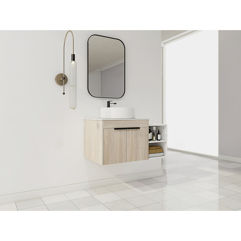 Meuble-lavabo flottant de conception moderne avec lavabo d'art en céramique, dalle de pierre plate et petites tablettes de rangement