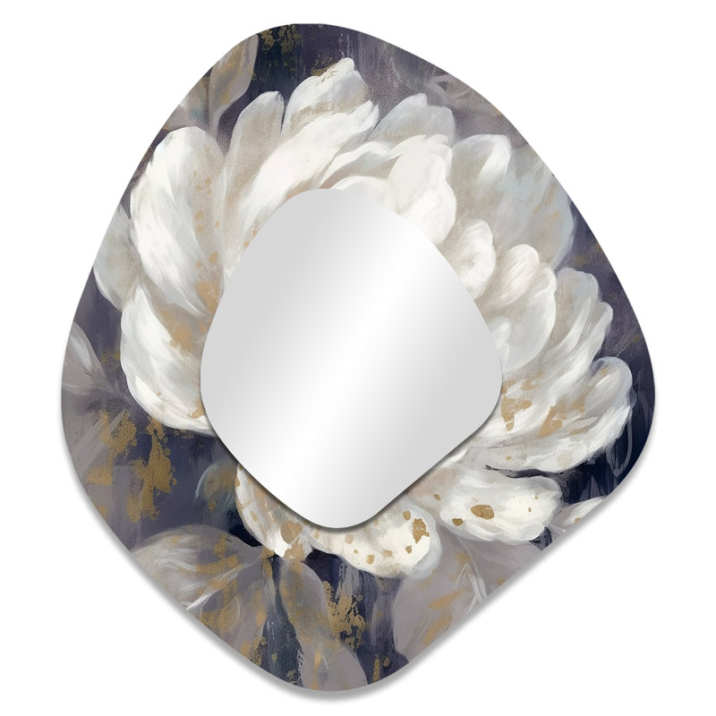 Emotions Of White Blue Peony Flower III - Peonies Unique Shape Mirror, White Asymmetrical Unique Wall Mirror, Printed Metal Art