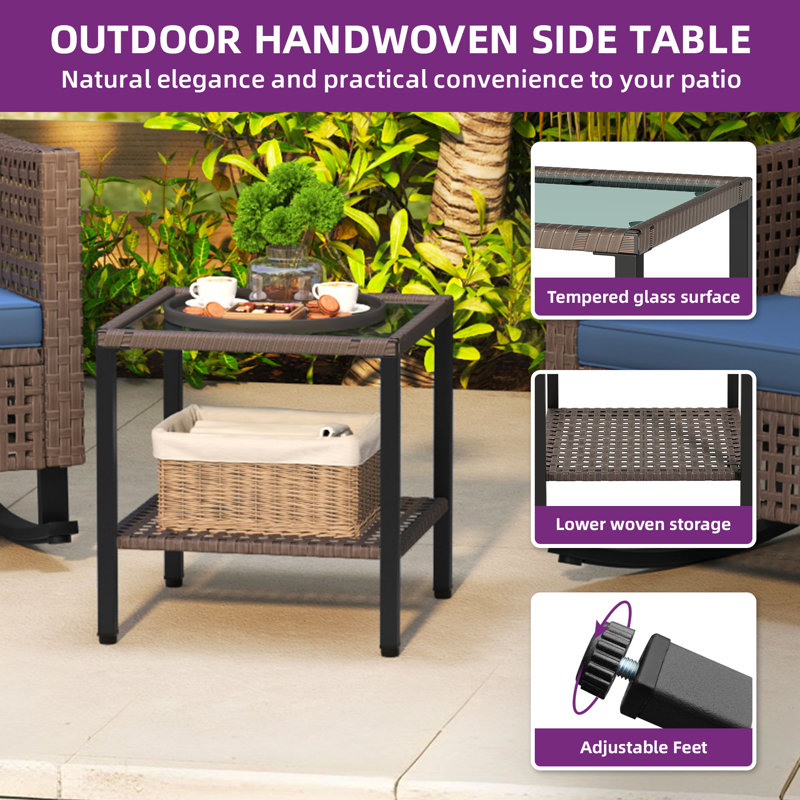3 Pieces Outdoor Rocking Chair Set with Handwoven PE Rattan Patio Chairs, Cushions, and Side Table, Blue, Brown