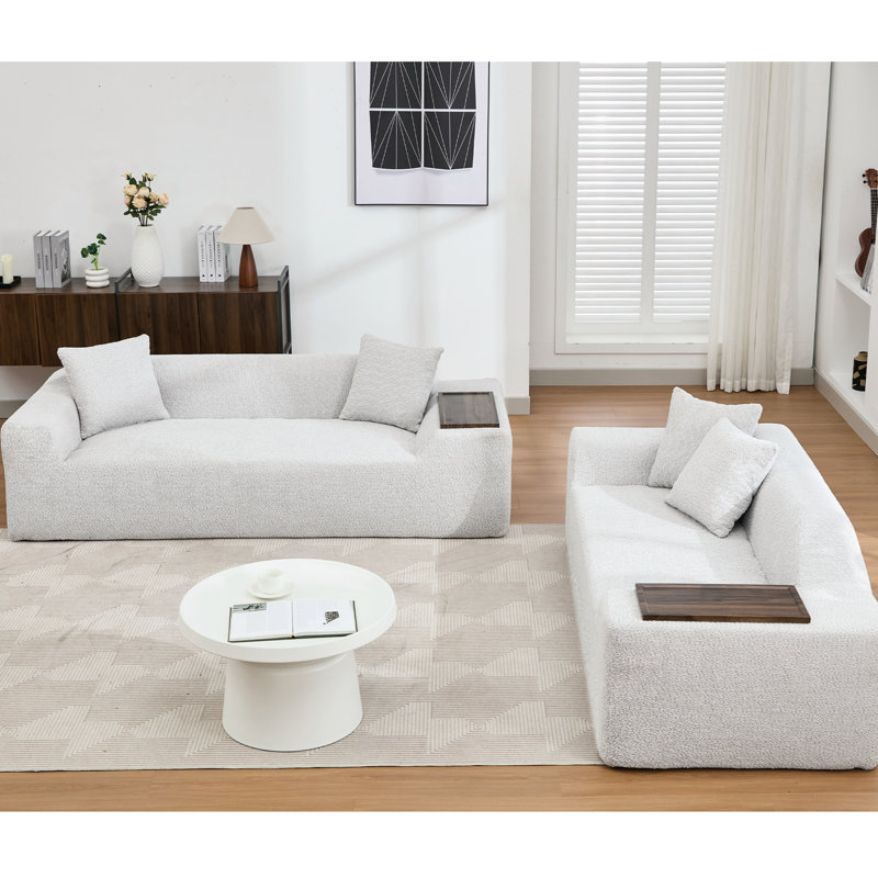 Boucle grise pour la détente - Mobilier de salon 3 places et 2 canapés avec table de bout, Gris clair