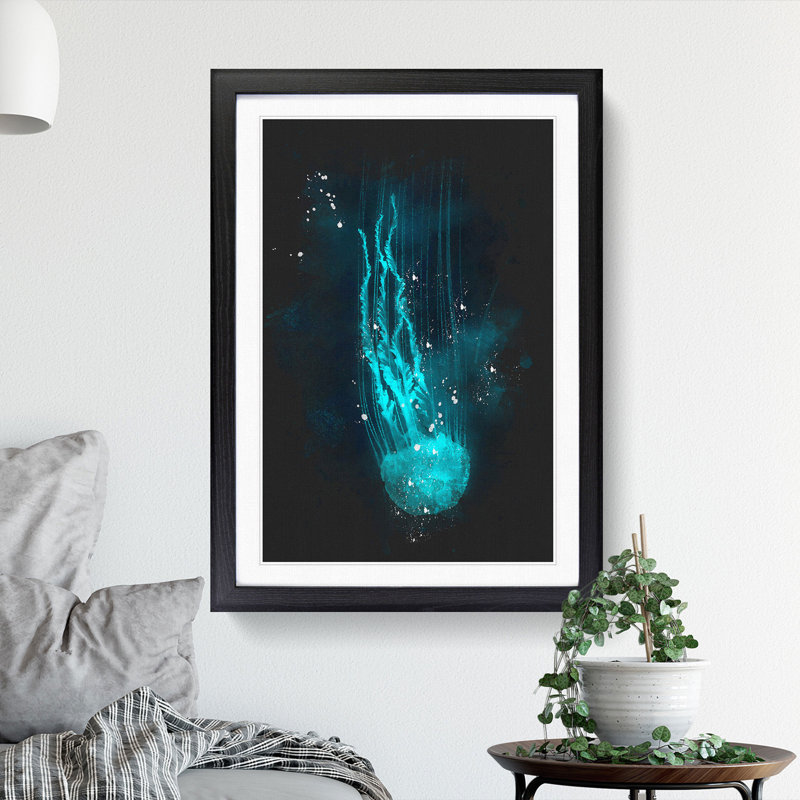 Neon Blue Jellyfish Abstract - Picture Frame Graphic Art Print, Black Framed, 45cm H x 33cm W x 2cm D