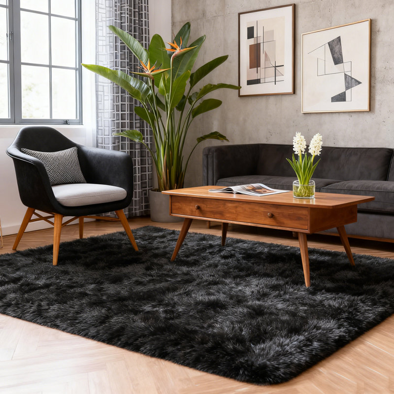 Soft Fluffy Black Faux Sheepskin Area Rug, Rectangle 4' x 6'