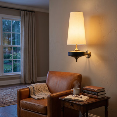 Retro Wall Sconce with Fabric Shade and  Wood Base 