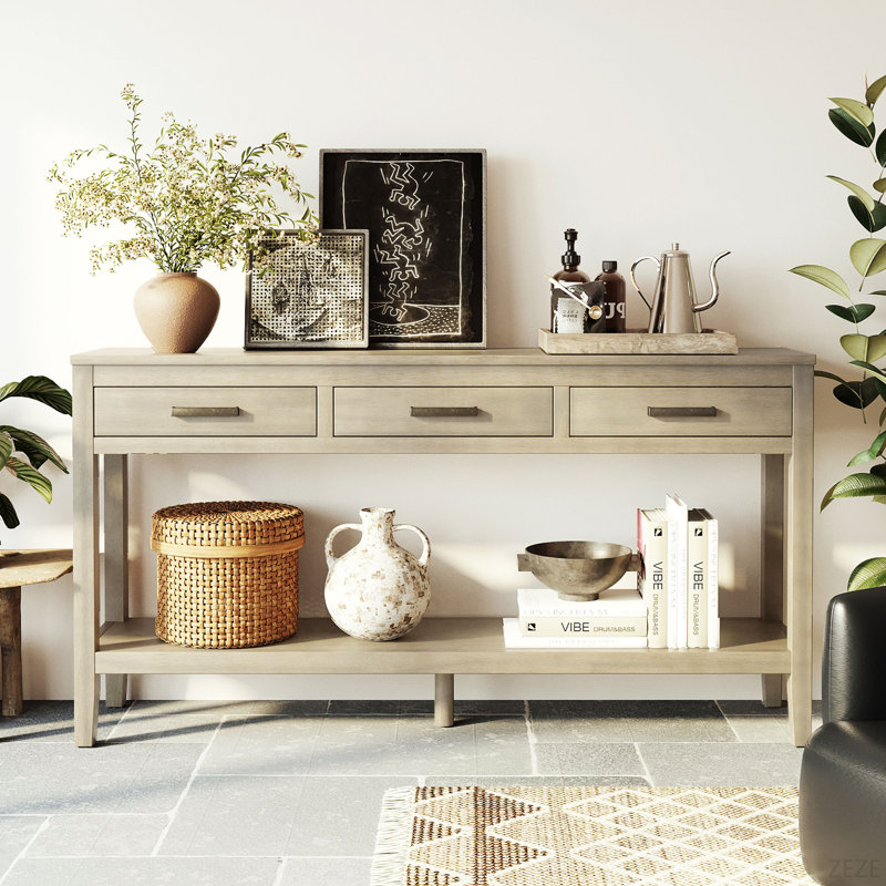 U_STYLE 59.1'' Farmhouse Entryway Table With 3 Drawers, Painted Console Table With Bottom Shelf & Iron Handles, Minimalist Sofa Table For Living Room, Hallway, Kitchen, Bedroom, Office