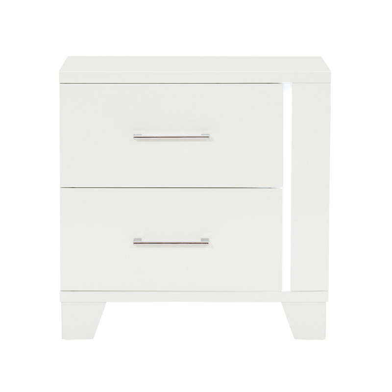 Table de chevet de luxe blanche avec intérieur à 2 tiroirs à DEL, armoire de chambre à coucher moderne en bois ultrabrillant