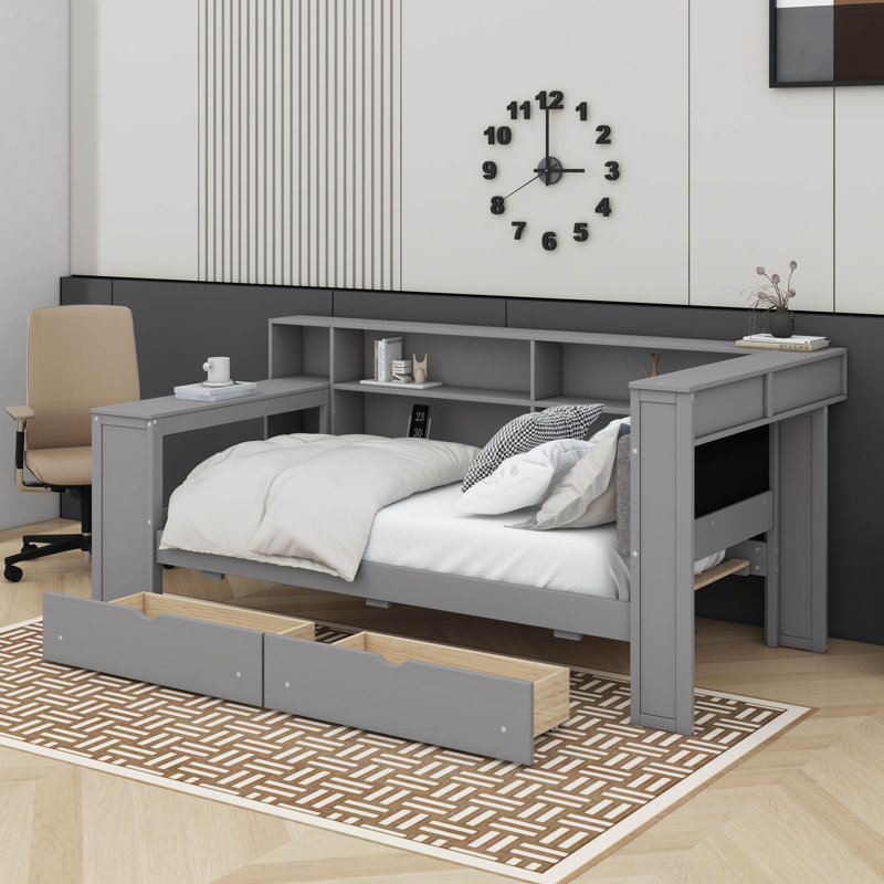Platform Bed With Storage Shelves, Drawers, Charging Station, LED, Desk And Upholstered Headboard, Grey, Twin
