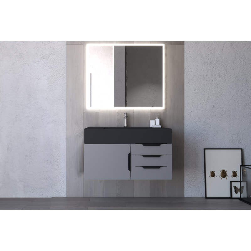 Modern 36" Wall-Mounted Single Bathroom Vanity Set with Mirror, Black, Gray, Black