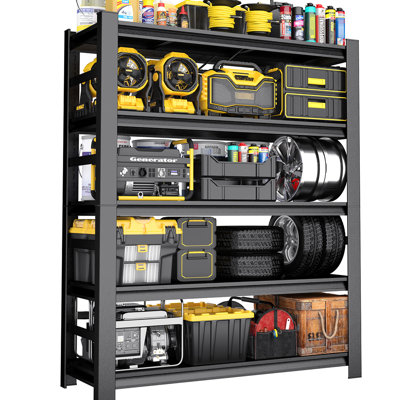 87"H Metal Storage Rack For Tool Rooms, Supermarkets - Five Layer, Adjustable, Rust Coating, Side Guardrails, Simple Assembly Black With Guardrails Pr