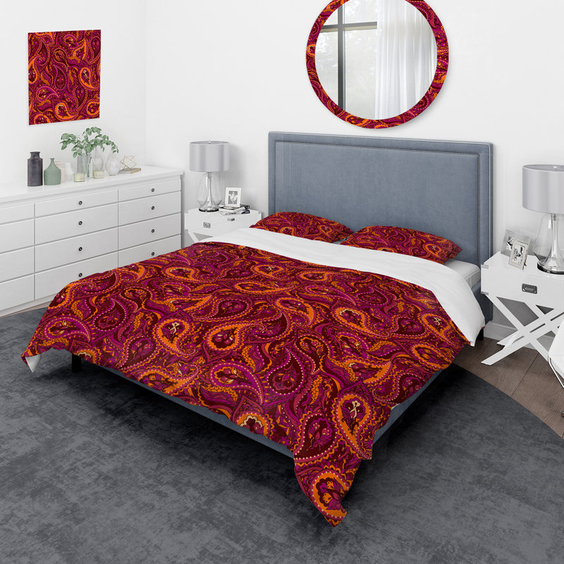 Paisley en rouge et orange - Ensemble de housse de couette bohémien - Microfibre de polyester