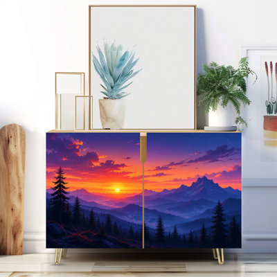Buffet étroit de 35,4 po de largeur - armoire de rangement d'appoint à 2 portes avec impression de ciel de pin coloré coucher de soleil et pieds en métal