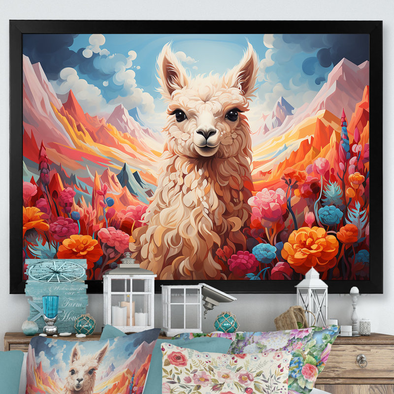 Enchanting Alpaca Valley - Alpaca, art mural, H 34 po x l 44 po x P 1,5 po, Cadre d'angle fermé noir