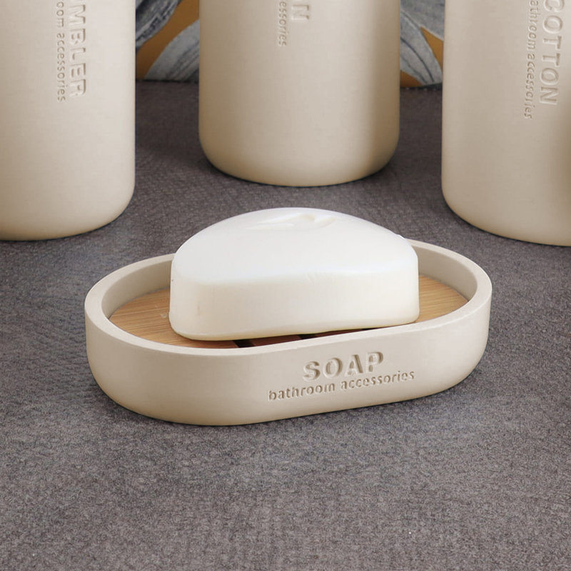 Beige Polyresin Soap Dish with Natural Bamboo Base