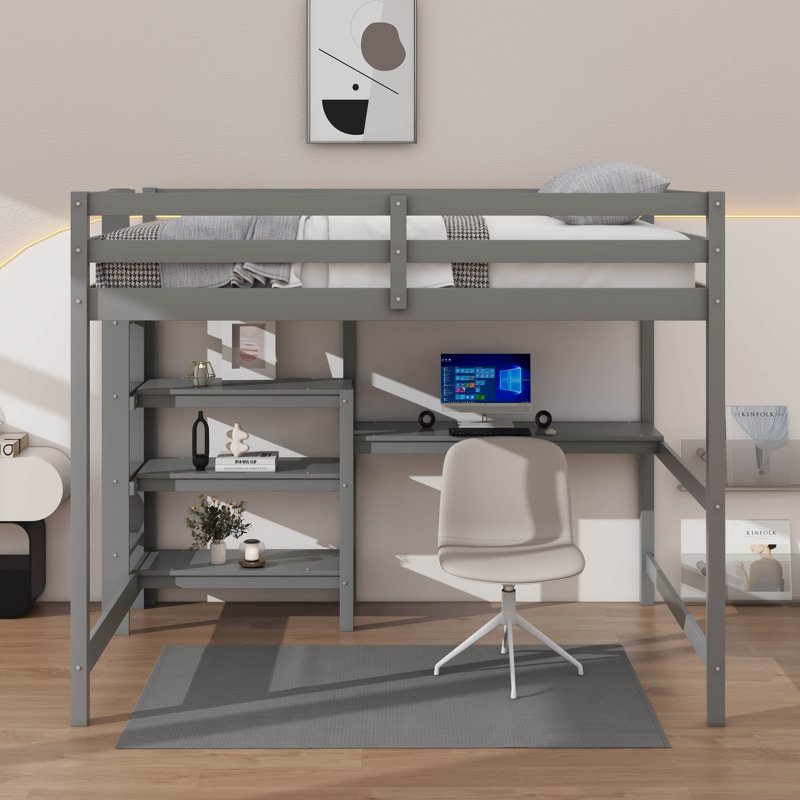 Lit mezzanine simple avec tablettes, bureau et tableau d'écriture, Gris