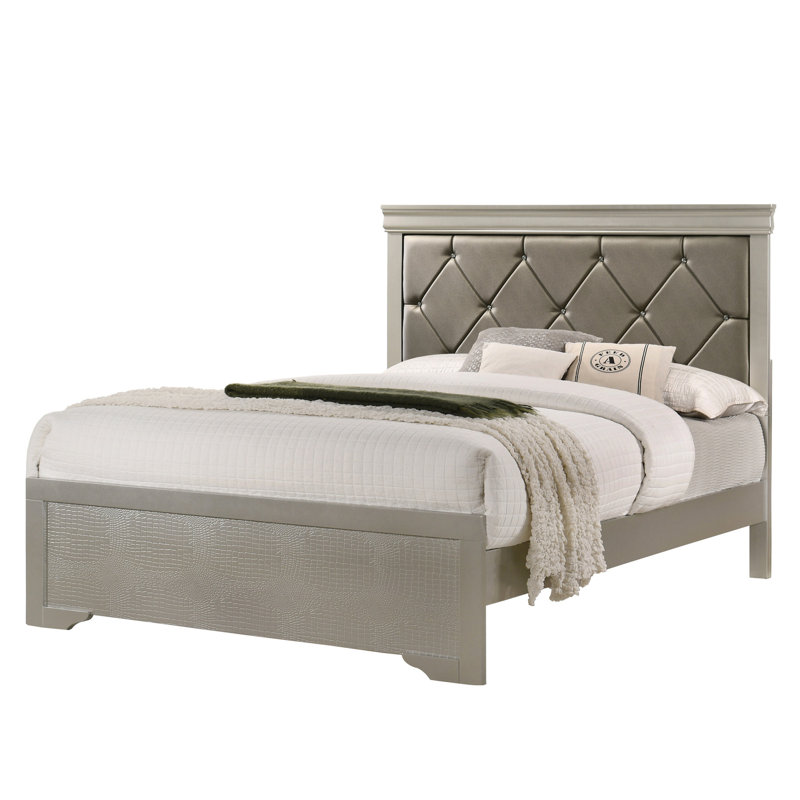 Lit double à finition beige avec tête de lit tapissier en polyuréthane et base solide Meubles de chambre à coucher: pieds en métal