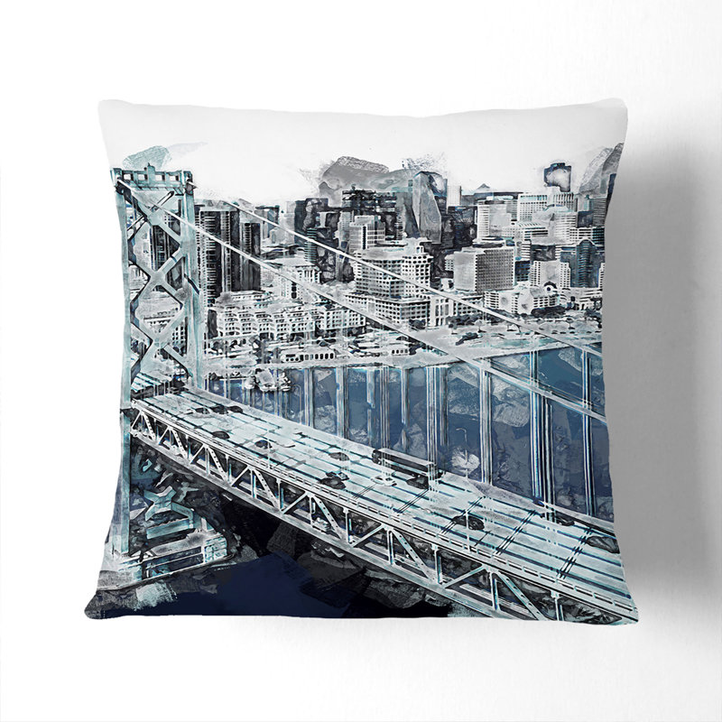San Francisco Oakland Bay Bridge Abstract Art Cushion with Filling, White, 40cm H x 40cm W x 15cm D