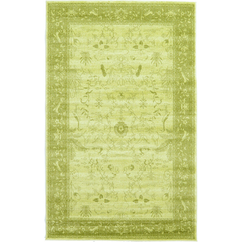 Tapis vert clair à motif botanique Godina, Rectangle 3 pi 3 po x 5 pi 3 po