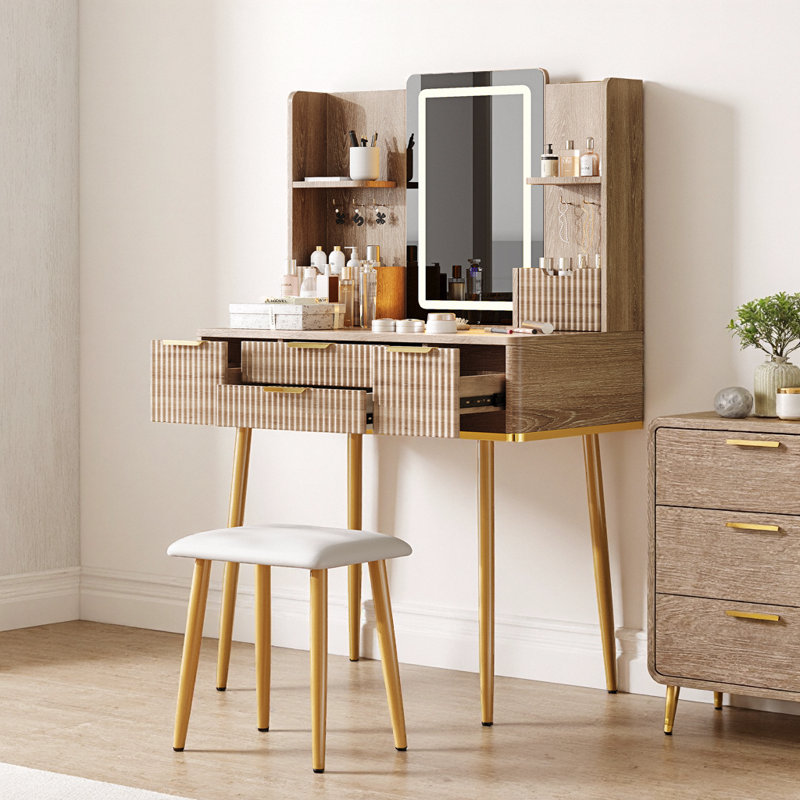 30" Fluted Vanity – 3-Color LED Mirror, Carved Details, 4 Drawers + Jewelry Hooks & Padded Rollers, Metal Legs, PU Stool, Vintage Yellow-Brown Finish