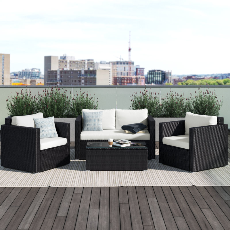 Hardesty 4 - Person Patio Conversation Set with Cushions, Black Frame/Beige Cushion