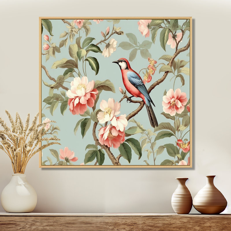 Chinoiserie avec oiseaux et pivoines - impression sur toile florale, H 36 po x l 36 po x P 1,5 po, Cadre flottant érable
