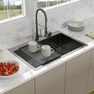 33" Drop-In 16 Gauge Stainless Steel Kitchen Sink with Grid and Strainer, Black