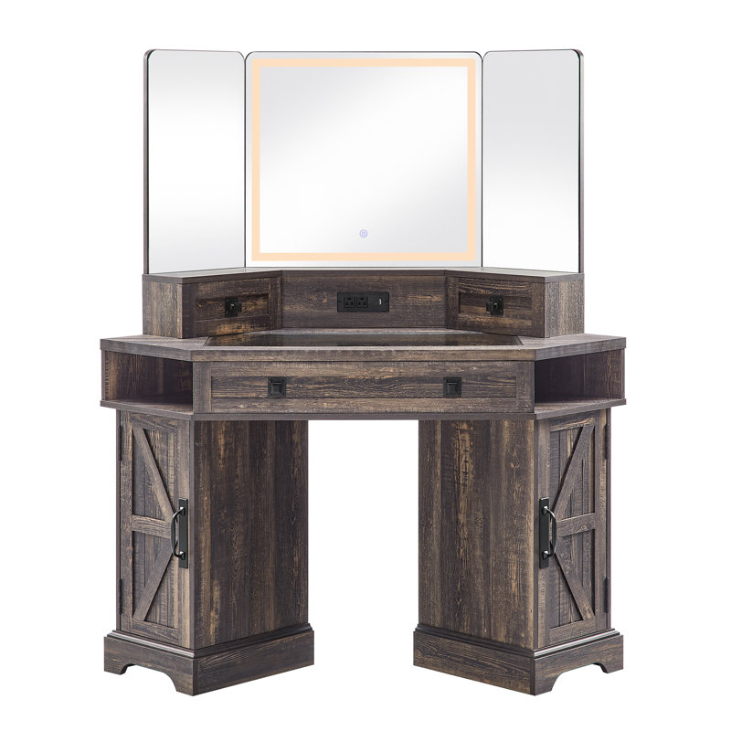 48" Corner Vanity with 3-Sided LED Mirror and Built-in Charging Station, Black